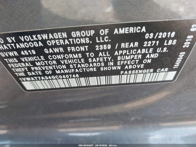 45164307 :رقم المزاد ، 1VWAT7A34GC040746 vin ، 2016 Volkswagen Passat 1.8t R-line مزاد بيع