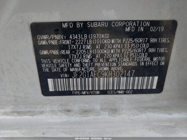 45164308 :رقم المزاد ، JF2GTAEC9KH302147 vin ، 2019 Subaru Crosstrek 2.0i Premium مزاد بيع