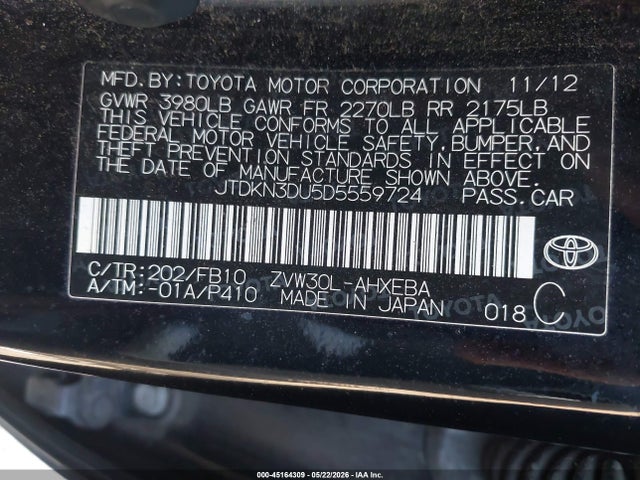 Продаж на аукціоні авто 2013 Toyota Prius Two, vin: JTDKN3DU5D5559724, номер лоту: 45164309
