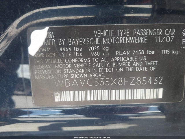 45164313 :رقم المزاد ، WBAVC535X8FZ85432 vin ، 2008 Bmw 328i مزاد بيع