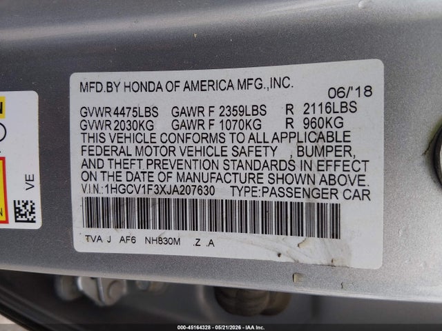 2018 Honda Accord Sport მანქანა იყიდება აუქციონზე, vin: 1HGCV1F3XJA207630, აუქციონის ნომერი: 45164328