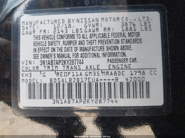 45164340 :رقم المزاد ، 3N1AB7AP2KY287744 vin ، 2019 Nissan Sentra S مزاد بيع