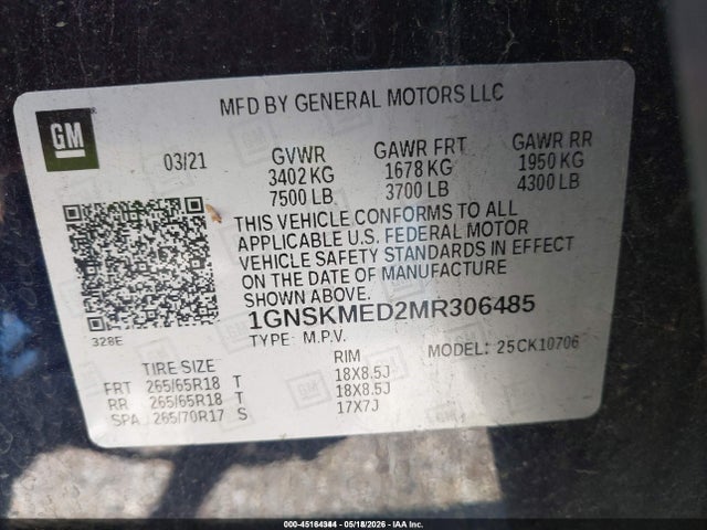 Aukcja sprzedaży 2021 Chevrolet Tahoe 4wd Ls, vin: 1GNSKMED2MR306485, numer aukcji: 45164344