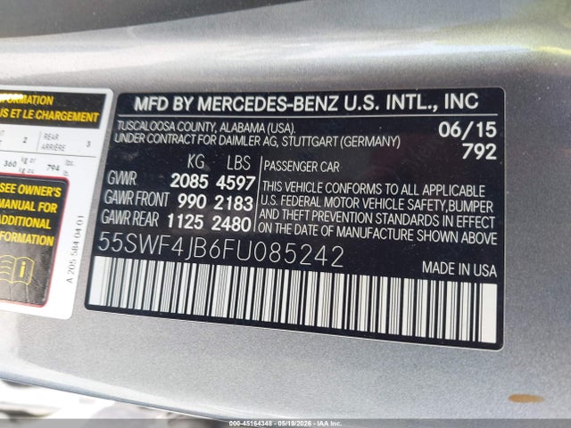 2015 Mercedes-benz C 300 Luxury მანქანა იყიდება აუქციონზე, vin: 55SWF4JB6FU085242, აუქციონის ნომერი: 45164348