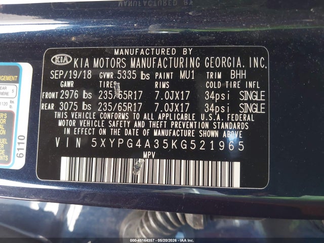 Aukcja sprzedaży 2019 Kia Sorento 2.4l Lx, vin: 5XYPG4A35KG521965, numer aukcji: 45164357