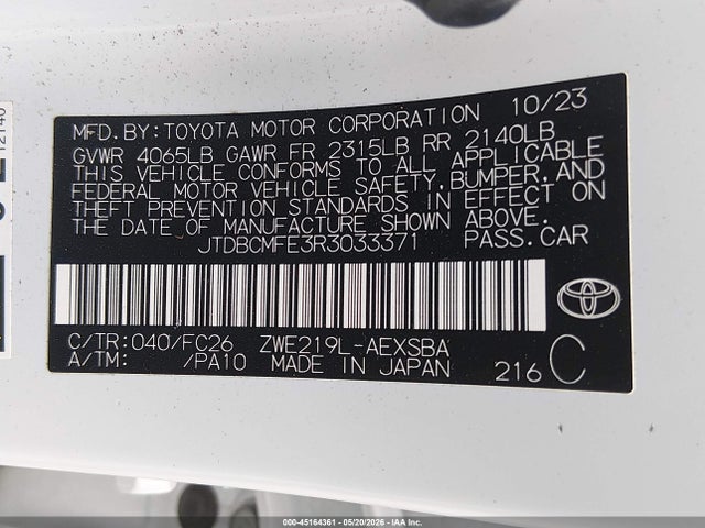 Aukcja sprzedaży 2024 Toyota Corolla Hybrid Se, vin: JTDBCMFE3R3033371, numer aukcji: 45164361
