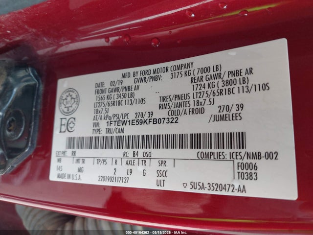 45164362 :رقم المزاد ، 1FTEW1E59KFB07322 vin ، 2019 Ford F-150 Xlt مزاد بيع