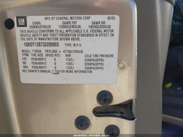 Aukcja sprzedaży 2003 Gmc Envoy Sle, vin: 1GKDT13S732288883, numer aukcji: 45164376