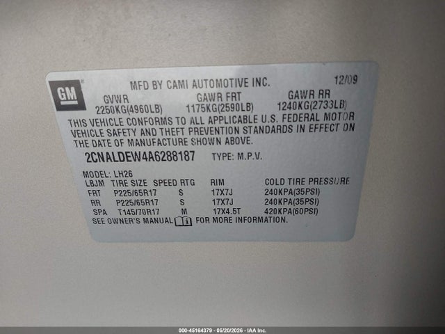 Продаж на аукціоні авто 2010 Chevrolet Equinox Lt, vin: 2CNALDEW4A6288187, номер лоту: 45164379