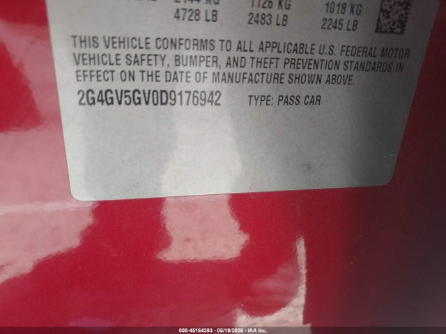 45164393 :رقم المزاد ، 2G4GV5GV0D9176942 vin ، 2013 Buick Regal Gs مزاد بيع