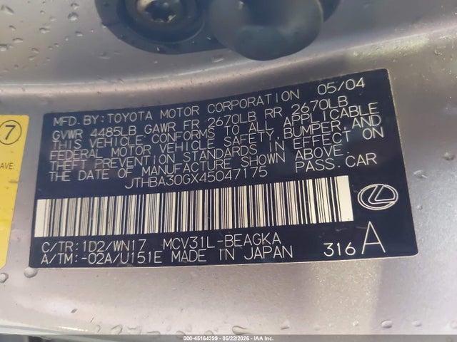 45164399 :رقم المزاد ، JTHBA30GX45047175 vin ، 2004 Lexus Es 330 مزاد بيع