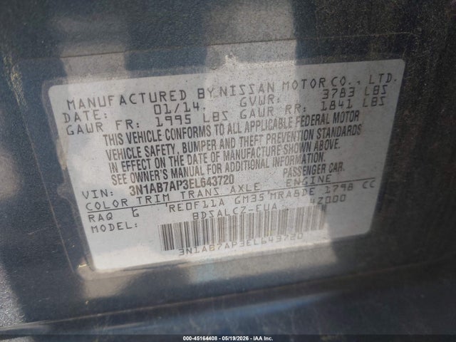 45164408 :رقم المزاد ، 3N1AB7AP3EL643720 vin ، 2014 Nissan Sentra S مزاد بيع
