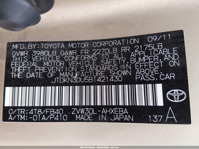 Продажа на аукционе авто 2011 Toyota Prius Two, vin: JTDKN3DU5B1421430, номер лота: 45164420