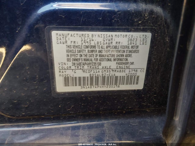 45164433 :رقم المزاد ، 3N1AB7AP4HY235198 vin ، 2017 Nissan Sentra S مزاد بيع