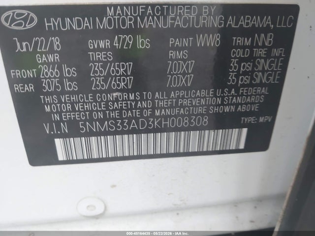 Продажа на аукционе авто 2019 Hyundai Santa Fe Sel, vin: 5NMS33AD3KH008308, номер лота: 45164435