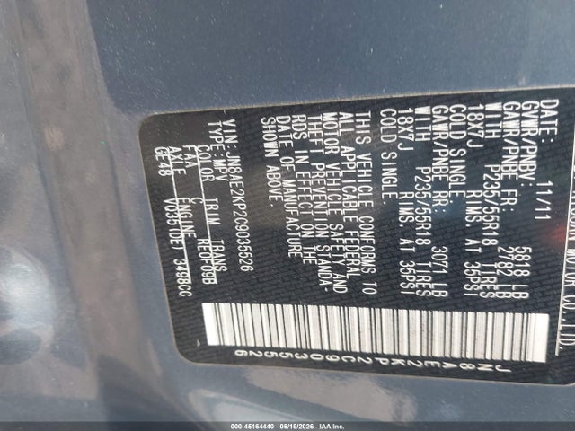 45164440 :رقم المزاد ، JN8AE2KP2C9035526 vin ، 2012 Nissan Quest Sl مزاد بيع