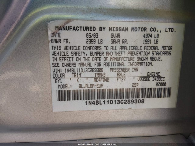 Aukcja sprzedaży 2003 Nissan Altima 3.5 Se, vin: 1N4BL11D13C289308, numer aukcji: 45164443