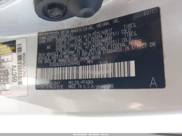 Продажа на аукционе авто 2005 Toyota Sienna Xle Limited, vin: 5TDZA22C65S290482, номер лота: 45164450