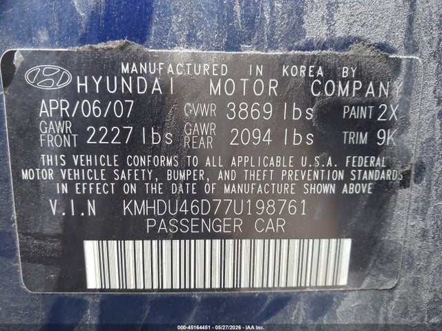 45164451 :رقم المزاد ، KMHDU46D77U198761 vin ، 2007 Hyundai Elantra Gls/limited/se مزاد بيع