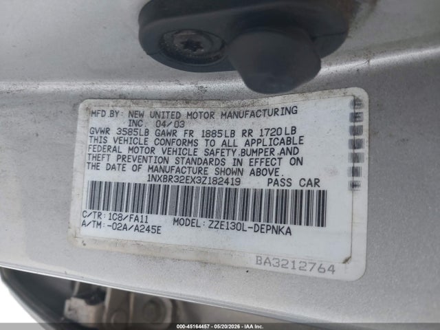 45164457 :رقم المزاد ، 1NXBR32EX3Z182419 vin ، 2003 Toyota Corolla Le مزاد بيع