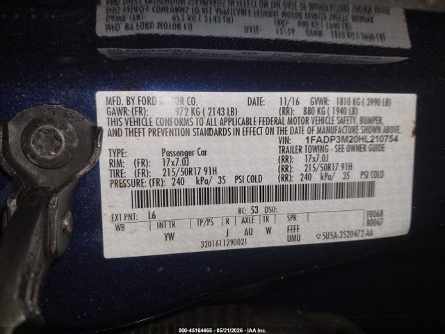 45164465 :رقم المزاد ، 1FADP3M20HL210754 vin ، 2017 Ford Focus Sel مزاد بيع