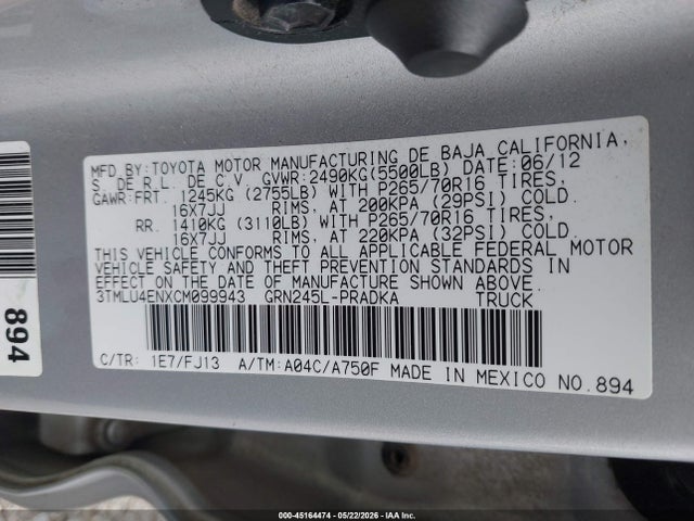 Продаж на аукціоні авто 2012 Toyota Tacoma Base V6, vin: 3TMLU4ENXCM099943, номер лоту: 45164474