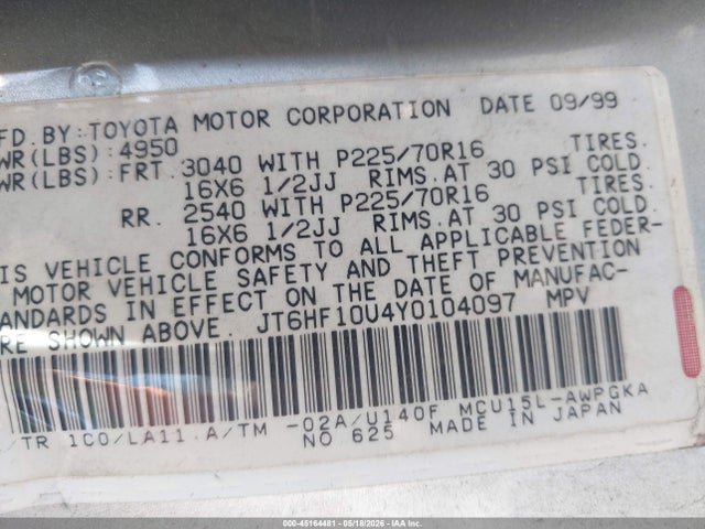 Auction sale of the 2000 Lexus Rx 300, vin: JT6HF10U4Y0104097, lot number: 45164481
