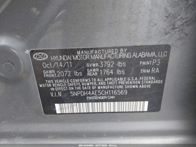 Продаж на аукціоні авто 2012 Hyundai Elantra Limited, vin: 5NPDH4AE5CH116569, номер лоту: 45164502