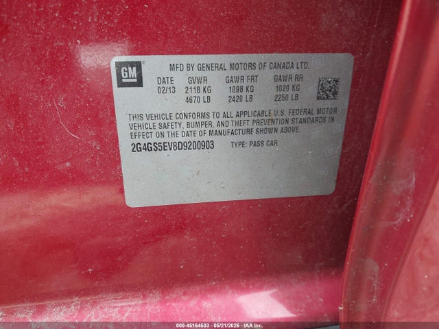 45164503 :رقم المزاد ، 2G4GS5EV8D9200903 vin ، 2013 Buick Regal Turbo - Premium 1 مزاد بيع