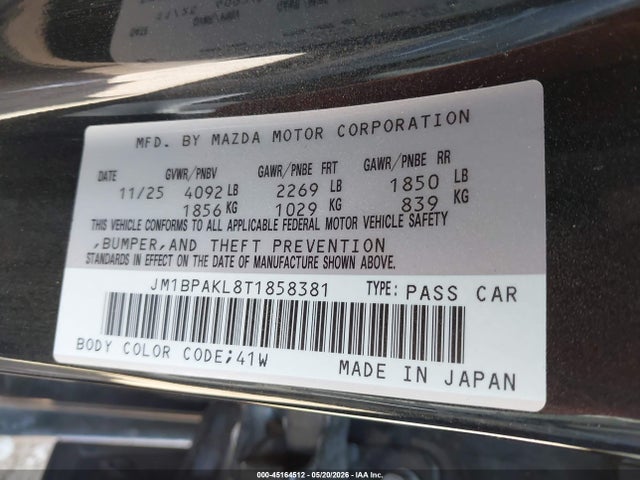 Aukcja sprzedaży 2026 Mazda Mazda3 2.5 S Select Sport, vin: JM1BPAKL8T1858381, numer aukcji: 45164512