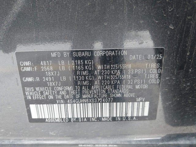 2025 Subaru Crosstrek Limited მანქანა იყიდება აუქციონზე, vin: 4S4GUHN6XS3724077, აუქციონის ნომერი: 45164521