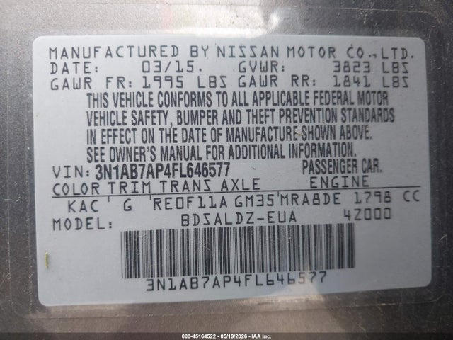 Aukcja sprzedaży 2015 Nissan Sentra Fe+ S/s/sl/sr/sv, vin: 3N1AB7AP4FL646577, numer aukcji: 45164522