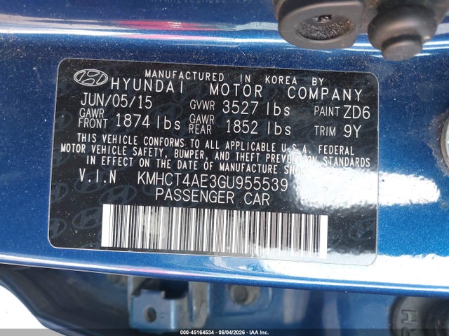 Aukcja sprzedaży 2016 Hyundai Accent Se, vin: KMHCT4AE3GU955539, numer aukcji: 45164534