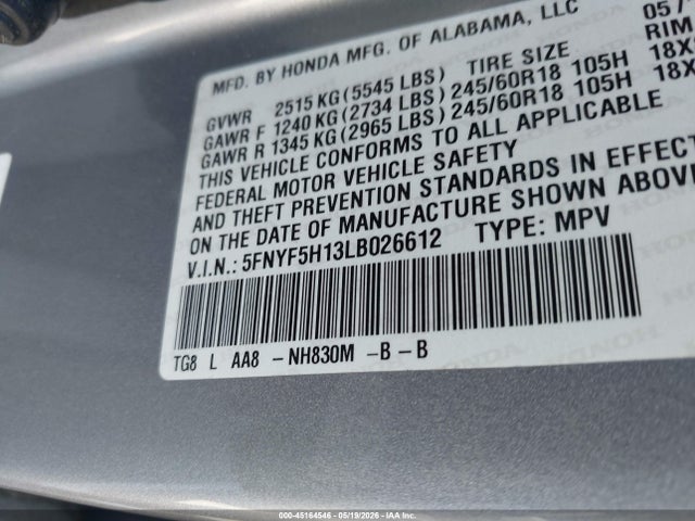 Aukcja sprzedaży 2020 Honda Pilot 2wd Lx, vin: 5FNYF5H13LB026612, numer aukcji: 45164546