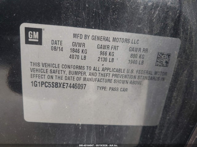 45164547 :رقم المزاد ، 1G1PC5SBXE7446097 vin ، 2014 Chevrolet Cruze 1lt Auto مزاد بيع