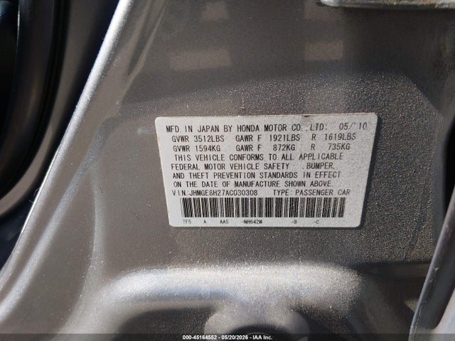Aukcja sprzedaży 2010 Honda Fit, vin: JHMGE8H27AC030308, numer aukcji: 45164552