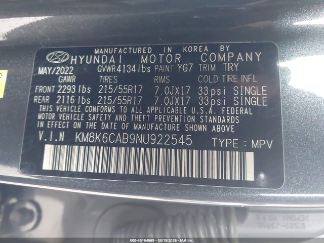Aukcja sprzedaży 2022 Hyundai Kona Sel, vin: KM8K6CAB9NU922545, numer aukcji: 45164569