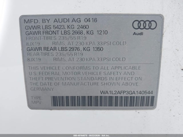 Продажа на аукционе авто 2016 Audi Q5 2.0t Premium, vin: WA1L2AFP3GA140544, номер лота: 45164570