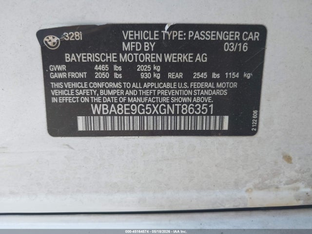 Aukcja sprzedaży 2016 Bmw 328i, vin: WBA8E9G5XGNT86351, numer aukcji: 45164574