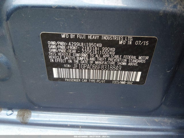 2015 Subaru Impreza 2.0i Premium მანქანა იყიდება აუქციონზე, vin: JF1GPAC66F8318849, აუქციონის ნომერი: 45164580