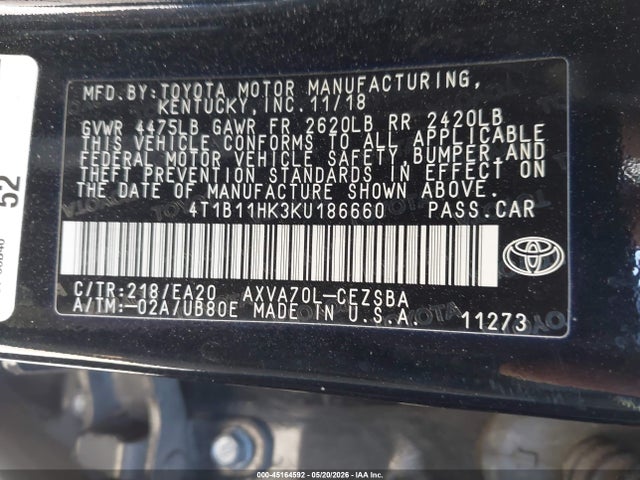 Aukcja sprzedaży 2019 Toyota Camry Se, vin: 4T1B11HK3KU186660, numer aukcji: 45164592