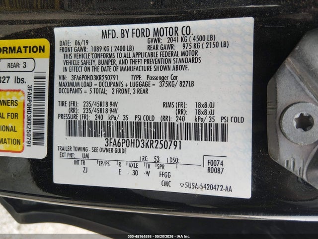 Aukcja sprzedaży 2019 Ford Fusion Se, vin: 3FA6P0HD3KR250791, numer aukcji: 45164598