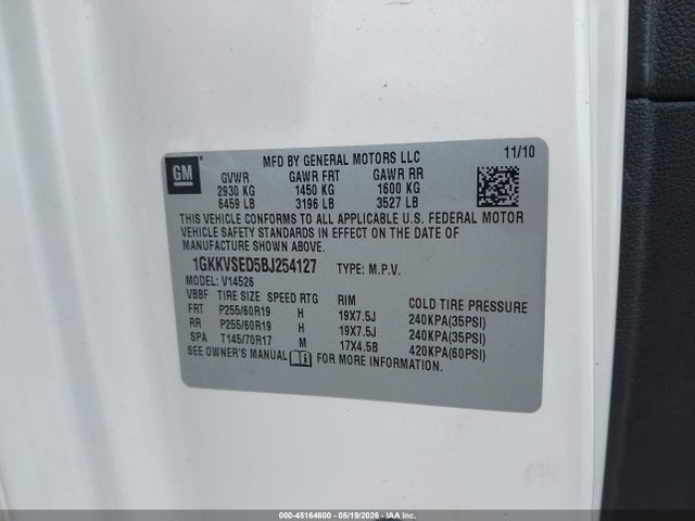 2011 Gmc Acadia Slt-2 მანქანა იყიდება აუქციონზე, vin: 1GKKVSED5BJ254127, აუქციონის ნომერი: 45164600
