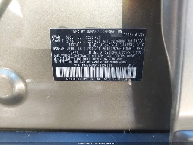 Aukcja sprzedaży 2024 Subaru Outback Touring Xt, vin: 4S4BTGPD1R3226993, numer aukcji: 45164611