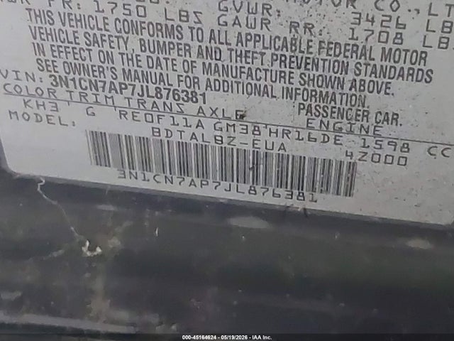 3N1CN7AP7JL876381 Nissan Versa 1.6 Sv