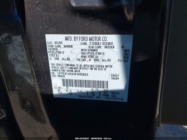 Aukcja sprzedaży 2005 Ford F-150 Fx4/lariat/xl/xlt, vin: 1FTPX14525FA92853, numer aukcji: 45164627