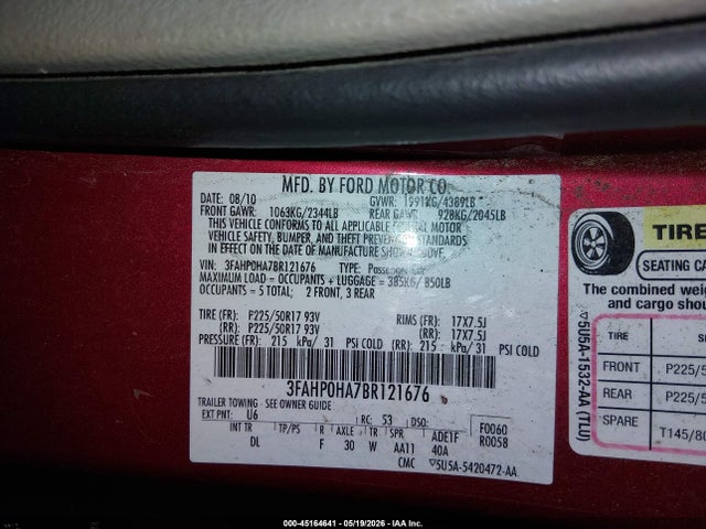 Aukcja sprzedaży 2011 Ford Fusion Se, vin: 3FAHP0HA7BR121676, numer aukcji: 45164641