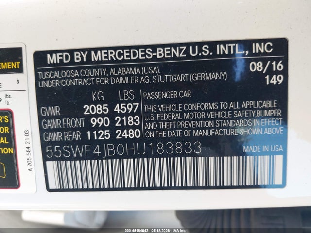 Aukcja sprzedaży 2017 Mercedes-benz C 300, vin: 55SWF4JB0HU183833, numer aukcji: 45164642