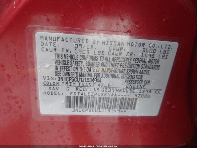 45164649 :رقم المزاد ، 3N1CP5CU1JL534944 vin ، 2018 Nissan Kicks Sv مزاد بيع
