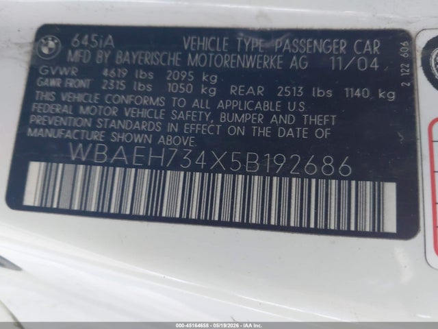 2005 Bmw 645ci მანქანა იყიდება აუქციონზე, vin: WBAEH734X5B192686, აუქციონის ნომერი: 45164658